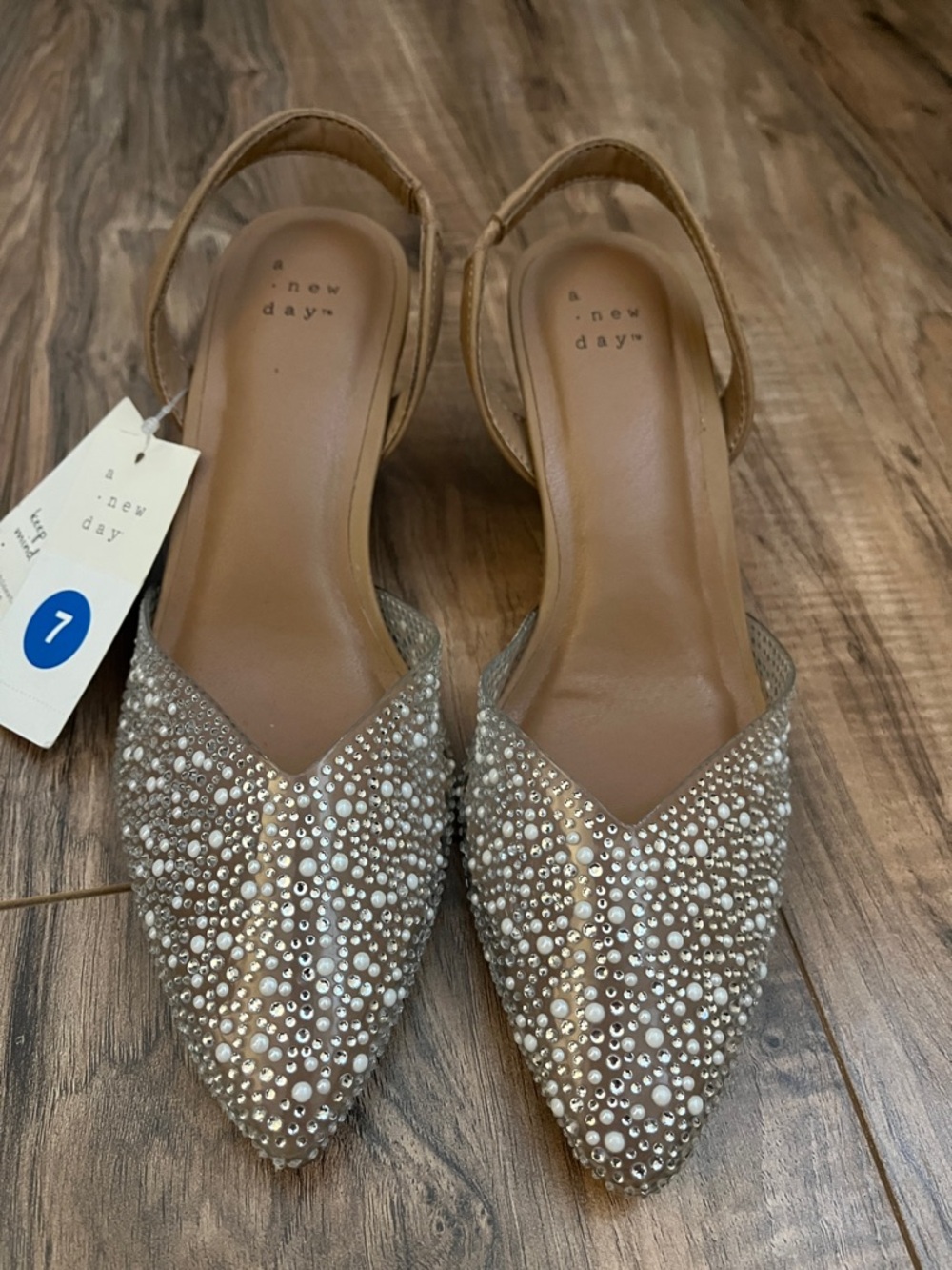a new day Embellished Pointed Toe Slingback Heels in Tan
